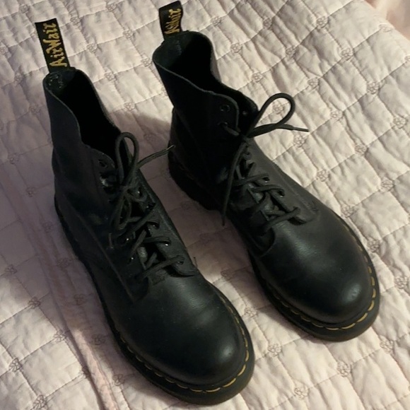 Dr. Martens Shoes - Dr. Martens Black Leather Boots with Yellow Stitching